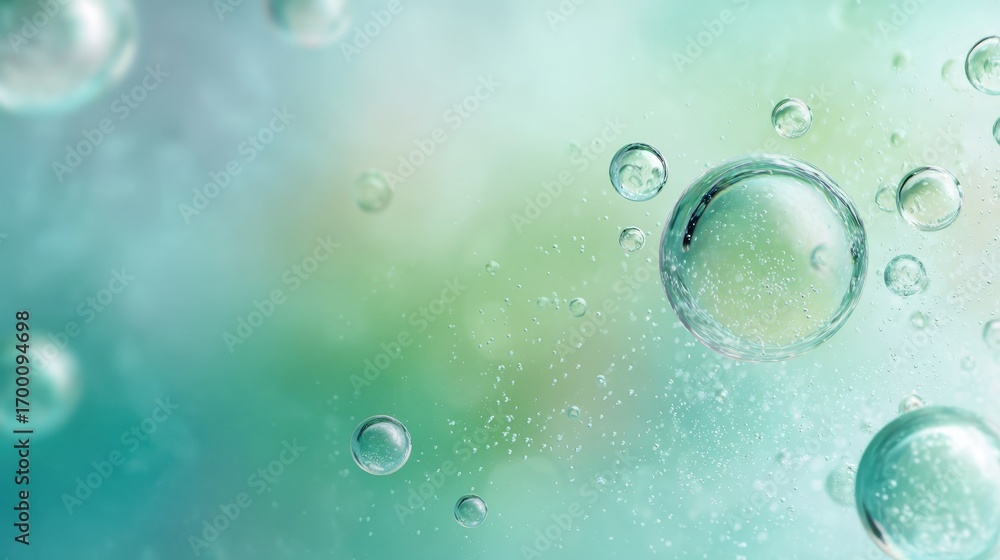 Poster transparent bubbles floating randomly across soft green gradient, conveying tranquil, minimalist des