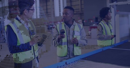 Directing African American staff member holding scanner inside warehouse, with conveyor belt