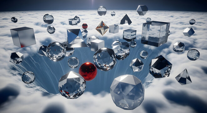 Abstract geometric shapes floating above a snowy landscape with a hole