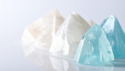 Close-up of translucent blue and white crystalline structures with water droplets