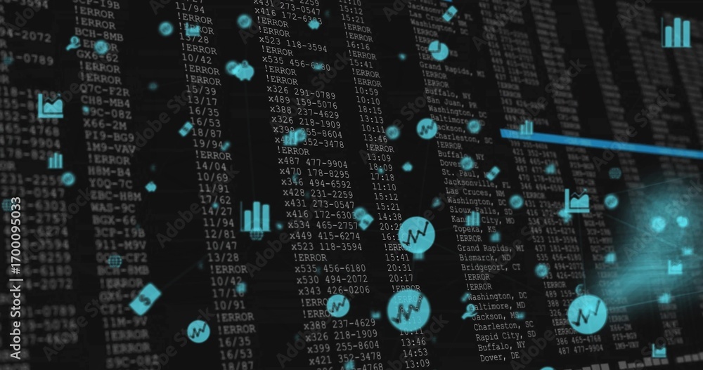 Poster showing blue icons with chart symbols in digital interface, with glowing teal node and error logs