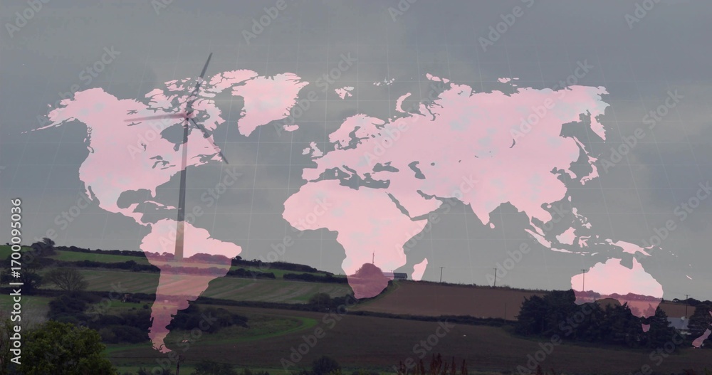 Poster featuring patchwork fields and hedgerows beneath overcast sky, with wind turbine and map overlay