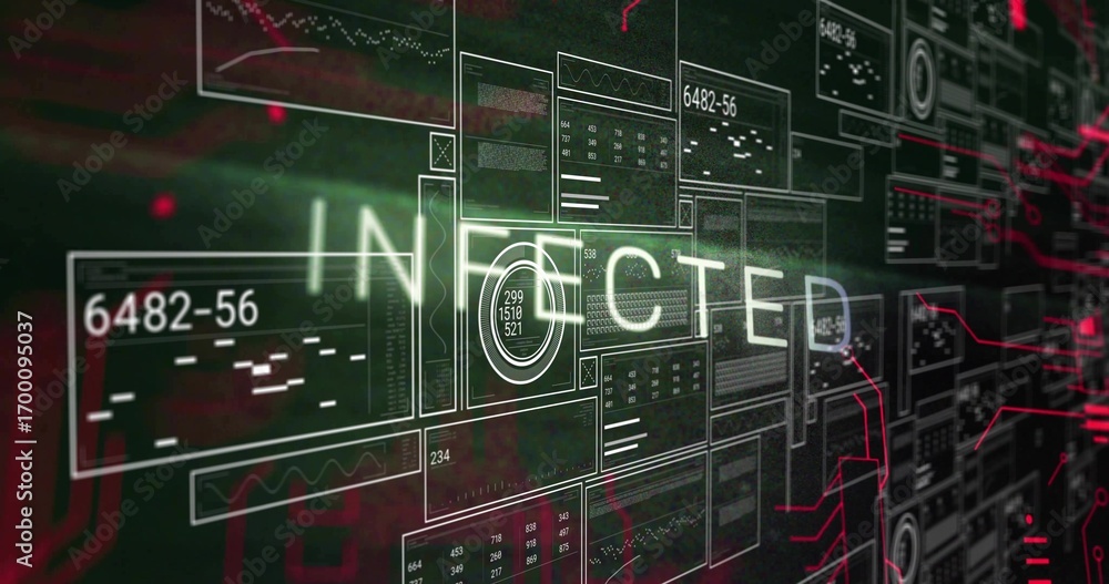 Poster glowing holographic panels displaying infected alert in cyber interface, showing red circuit traces
