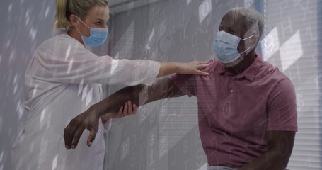 Caregiver and patient performing arm workout in exam room with masks lab coat and symbols overlay