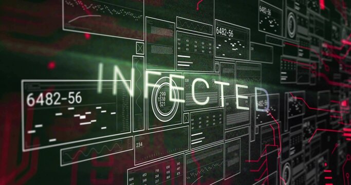 Glowing holographic panels displaying INFECTED alert in cyber interface, showing red circuit traces