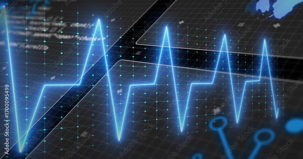 Poster displaying neon-blue ecg line running across gridlines with data nodes, map and circuit patterns