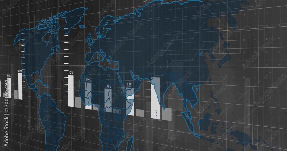 Poster displaying world map visualization on dashboard, featuring white and gray bar charts on dark grid