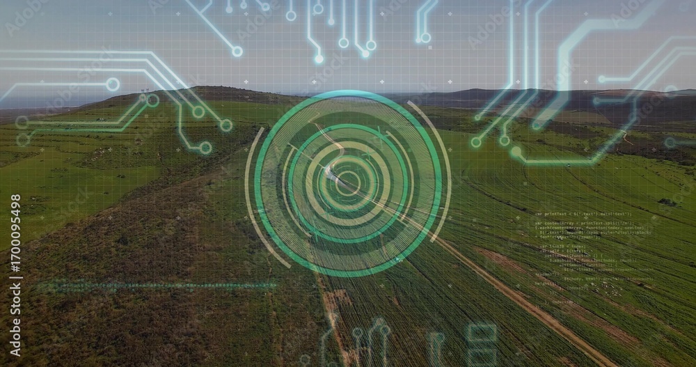 Poster displaying green circular hud overlay spanning farmland with crop rows, dirt track and circuit tra