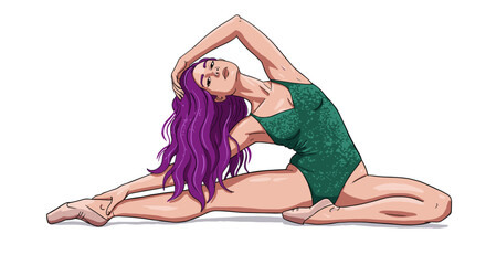 Fototapeta premium Graceful woman with purple hair in a green leotard performing an elegant yoga pose on a white background