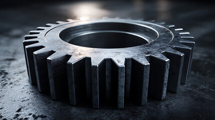 Close-up of a weathered industrial metal gear or cogwheel, showcasing its textured surface and mechanical detail against a dark background.
