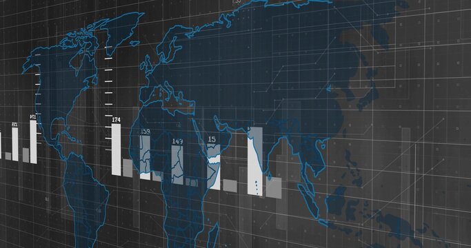 Displaying world map visualization on dashboard, featuring white and gray bar charts on dark grid