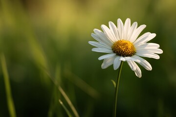 Obraz premium Delicate daisy with white petals & yellow center stands against soft green grassy background, sunlit