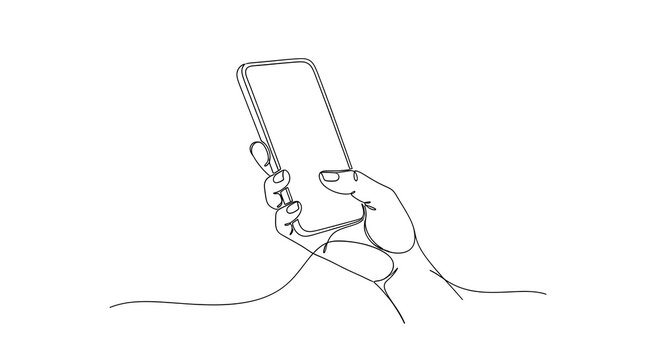 A continuous single line drawing of a hand holding a smartphone on a white background.