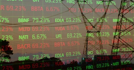 Showing high-voltage transmission tower silhouette against dusk sky with streaming market tickers