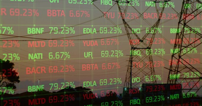 Showing high-voltage transmission tower silhouette against dusk sky with streaming market tickers - Powered by Adobe