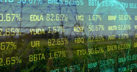 Displaying interface overlaying meadow with power lines and tower, code metrics, glowing globe