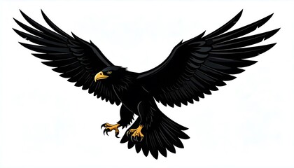 Obraz premium A powerful, black bird of prey soars through the air, showcasing detailed plumage and sharp talons.