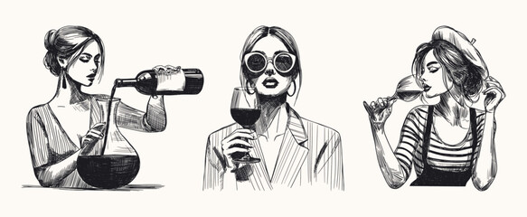 fashionable women with wine set isolated hand drawn sketch line art illustrations with woman pours wine into decanter holds glass savors the aroma elements for wine culture design