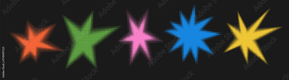 Poster set of abstract halftone multicolor textured shape. retro gradient spiked circle stickers. bursting 
