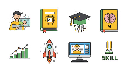 Set of modern icons representing online education, artificial intelligence, career growth, and skill training