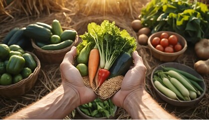Abundant Organic Harvest with Hands Holding Fresh Vegetables and Grains