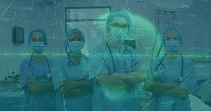 Standing medical team wearing blue scrubs and stethoscopes in hospital room, with digital overlay