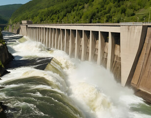 dam in the mountains, Hydroelectric dam with rushing water and electric turbines turning with the force of the flowing river water