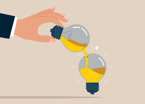 Entrepreneur transfer idea to new lightbulb. Transfer information. Sharing idea and transfer wisdom. Creativity and innovation. Flat vector illustration.