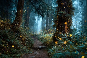 Misty forest path with enchanting golden fireflies glowing softly. Evokes fantasy, nature, and magical mood in creative projects.