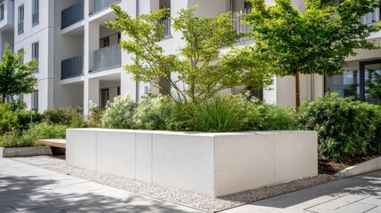 Fototapeta premium Lush landscaping flourishing in the courtyard of a modern residential building creates a peaceful atmosphere, with green spaces filled with trees, shrubs, and flowers