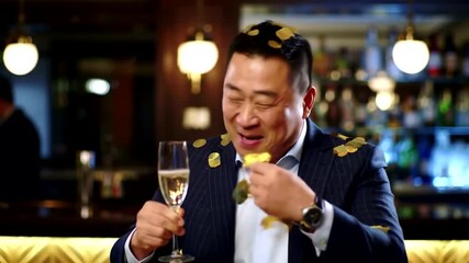 Celebratory man toasting with champagne at a festive bar, surrounded by confetti and joyful ambiance - Powered by Adobe