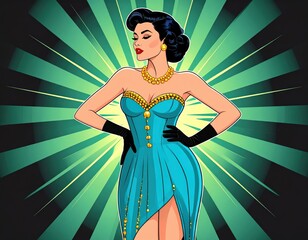 Confident Pop Art Diva in a Turquoise Gown Posing Against a Dynamic Green Sunburst.