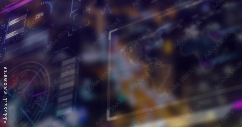 Poster displaying holographic panel at center in dark workspace, with 29% gauge and world map nodes