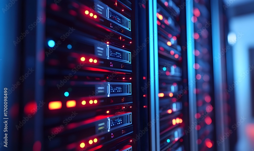 Aufkleber a close-up view of modern server racks illuminated with colorful led lights