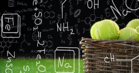 Displaying wicker basket containing yellow tennis balls on grass, backdrop of formulas, copy space