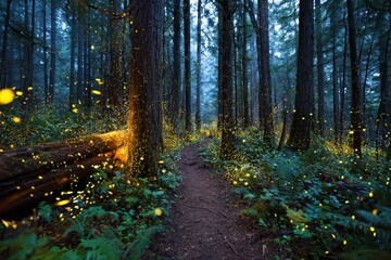 Magical forest path with fireflies glow in the dark evening twilight time. Use for fantasy, nature, or environmental awareness projects.