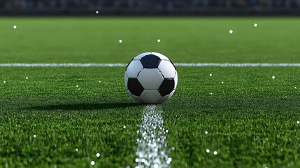 A close-up view of a soccer ball on the field, positioned at the center line, highlighting the grass texture and the vibrant green color of the pitch, ready for play.