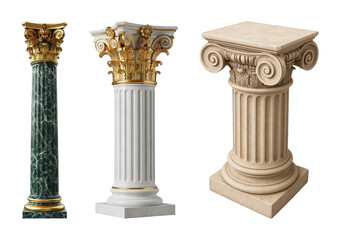 Classical architectural columns set including Corinthian and Ionic styles, marble, and stone finishes isolated. Luxury, historical, and design elements.