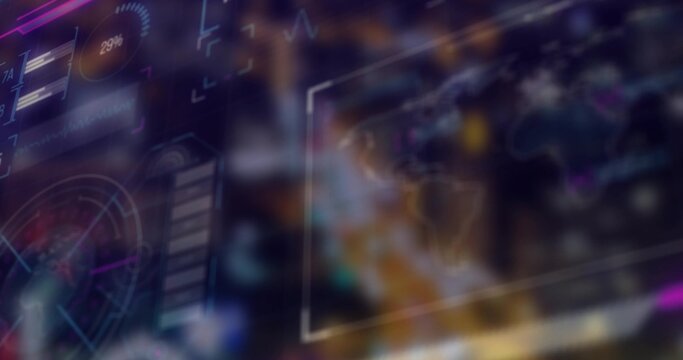 Displaying holographic panel at center in dark workspace, with 29% gauge and world map nodes