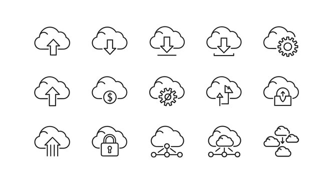 Collection of cloud computing icons, showing various actions like upload, download, configuration, security, and networking.