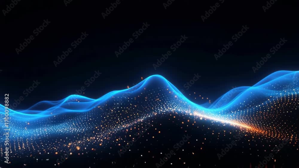 Poster a dynamic video concept of glowing blue waves and particles. captured from a low angle, creating a f