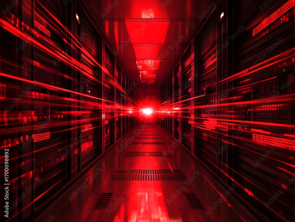 Poster a futuristic data center corridor illuminated in striking red light, showcasing rows of servers and 