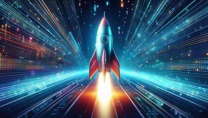 futuristic rocket speeding through digital code stream