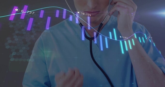 Holding stethoscope, doctor placing earpieces in ears in clinic interface, with neon data overlay - Powered by Adobe