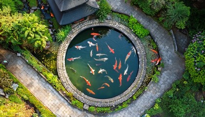 aerial view of koi pond in lush garden