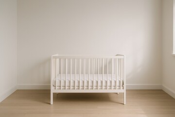Minimalist white baby crib in bright modern nursery interior