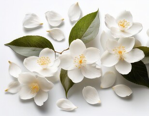 delicate jasmine petals floating lightly in the air and isolated against a pure white background highlighting their intricate details and serene charm