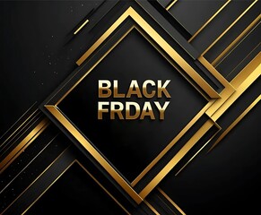 Luxurious Black Friday Banner with Metallic Gold Text and Geometric Frame