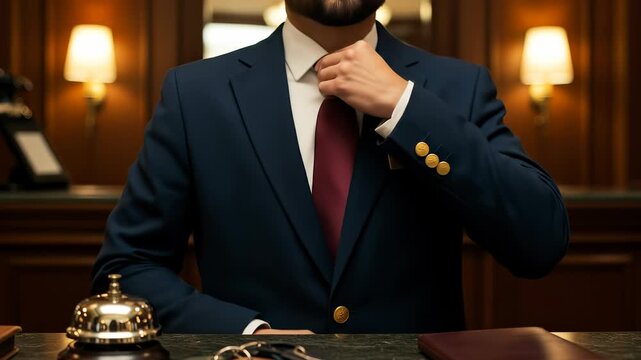 A professional adult male Hotel Manager adjusts his maroon tie, wearing a sharp blue suit, while at a luxury hotel reception desk, epitomizing hospitality and exceptional service.