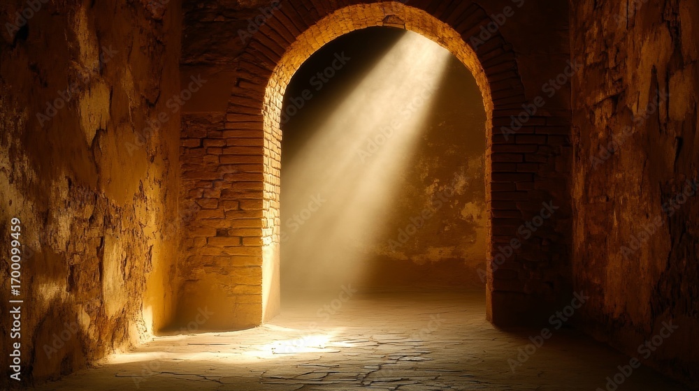 Poster arch window illuminating an underground dungeon with stone vaults and sandstone columns in fog